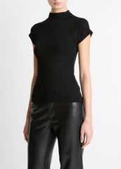 Wool Raglan Cap-Sleeve Mock-Neck Top in Short Sleeve - BLACK | VINCE Women