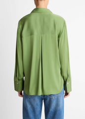 Stretch-Silk Button-Front Blouse in Long Sleeve - CLOVER | VINCE Women