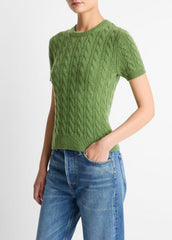 Cable-Knit Wool & Cashmere-Blend Short-Sleeve Sweater in Crew Neck - CLOVER | VINCE Women