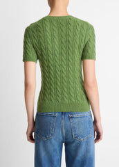 Cable-Knit Wool & Cashmere-Blend Short-Sleeve Sweater in Crew Neck - CLOVER | VINCE Women