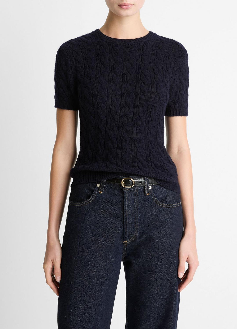Cable-Knit Wool & Cashmere-Blend Short-Sleeve Sweater in Crew Neck - COASTAL BLUE | VINCE Women