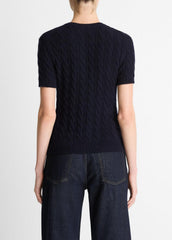 Cable-Knit Wool & Cashmere-Blend Short-Sleeve Sweater in Crew Neck - COASTAL BLUE | VINCE Women