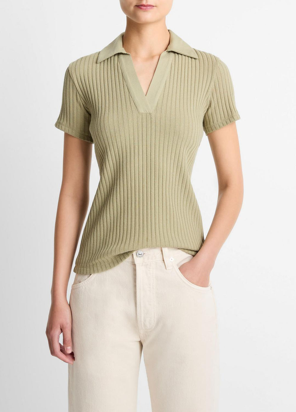 Ribbed Cotton-Blend Polo Shirt in Short Sleeve - OLIVE STONE | VINCE Women