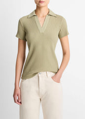 Ribbed Cotton-Blend Polo Shirt in Short Sleeve - OLIVE STONE | VINCE Women