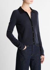 Contrast-Trim Wool & Cashmere-Blend Collared Cardigan in Cardigans - NIGHT MARINE/BLACK | VINCE Women