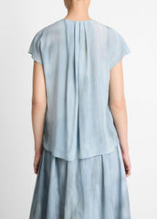 Washed Ombré Silk Gathered Cap-Sleeve Blouse in Short Sleeve - AZURA WASH | VINCE Women
