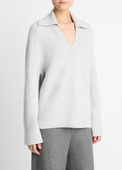 Wool & Cashmere-Blend Oversized Polo Sweater in V-Neck - HEATHER PALE GREY | VINCE Women