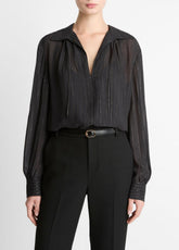 Metallic-Stripe Gathered Blouse in Long Sleeve - BLACK | VINCE Women
