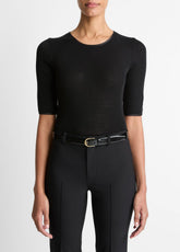 Satin-Trim Wool Elbow-Sleeve T-Shirt in Short Sleeve - BLACK | VINCE Women