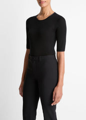 Satin-Trim Wool Elbow-Sleeve T-Shirt in Short Sleeve - BLACK | VINCE Women