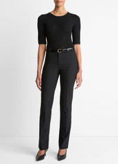 Satin-Trim Wool Elbow-Sleeve T-Shirt in Short Sleeve - BLACK | VINCE Women