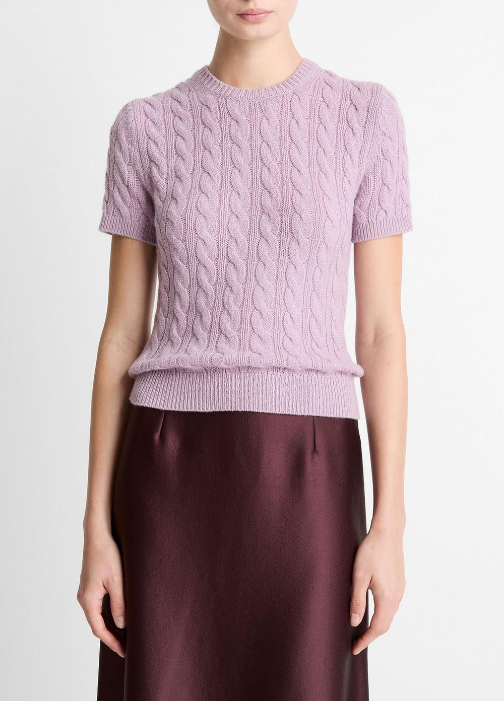 Cable-Knit Wool & Cashmere-Blend Short-Sleeve Sweater in Crew Neck - AMETHYST | VINCE Women
