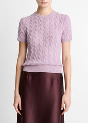 Cable-Knit Wool & Cashmere-Blend Short-Sleeve Sweater in Crew Neck - AMETHYST | VINCE Women