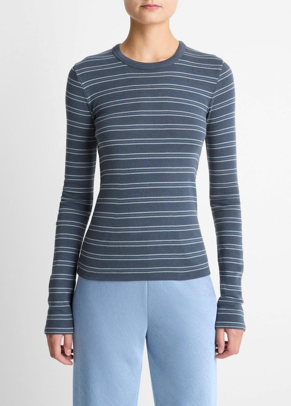 Striped Pima Cotton-Blend Long-Sleeve T-Shirt in Long Sleeve - AZURA COMBO | VINCE Women