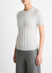 Cable-Knit Wool & Cashmere-Blend Short-Sleeve Sweater in Crew Neck - HEATHER PALE GREY | VINCE Women