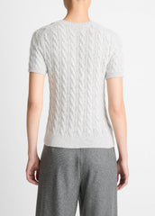 Cable-Knit Wool & Cashmere-Blend Short-Sleeve Sweater in Crew Neck - HEATHER PALE GREY | VINCE Women