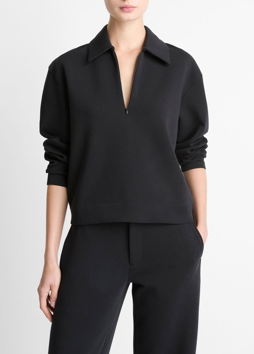 Cotton-Blend Half-Zip Pullover in Long Sleeve - BLACK | VINCE Women