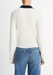 Contrast-Trim Wool & Cashmere-Blend Collared Cardigan in Cardigans - OFF WHITE/COASTAL BLUE | VINCE Women