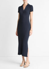 Ribbed Cotton-Blend Polo Dress in Dresses - COASTAL BLUE | VINCE Women