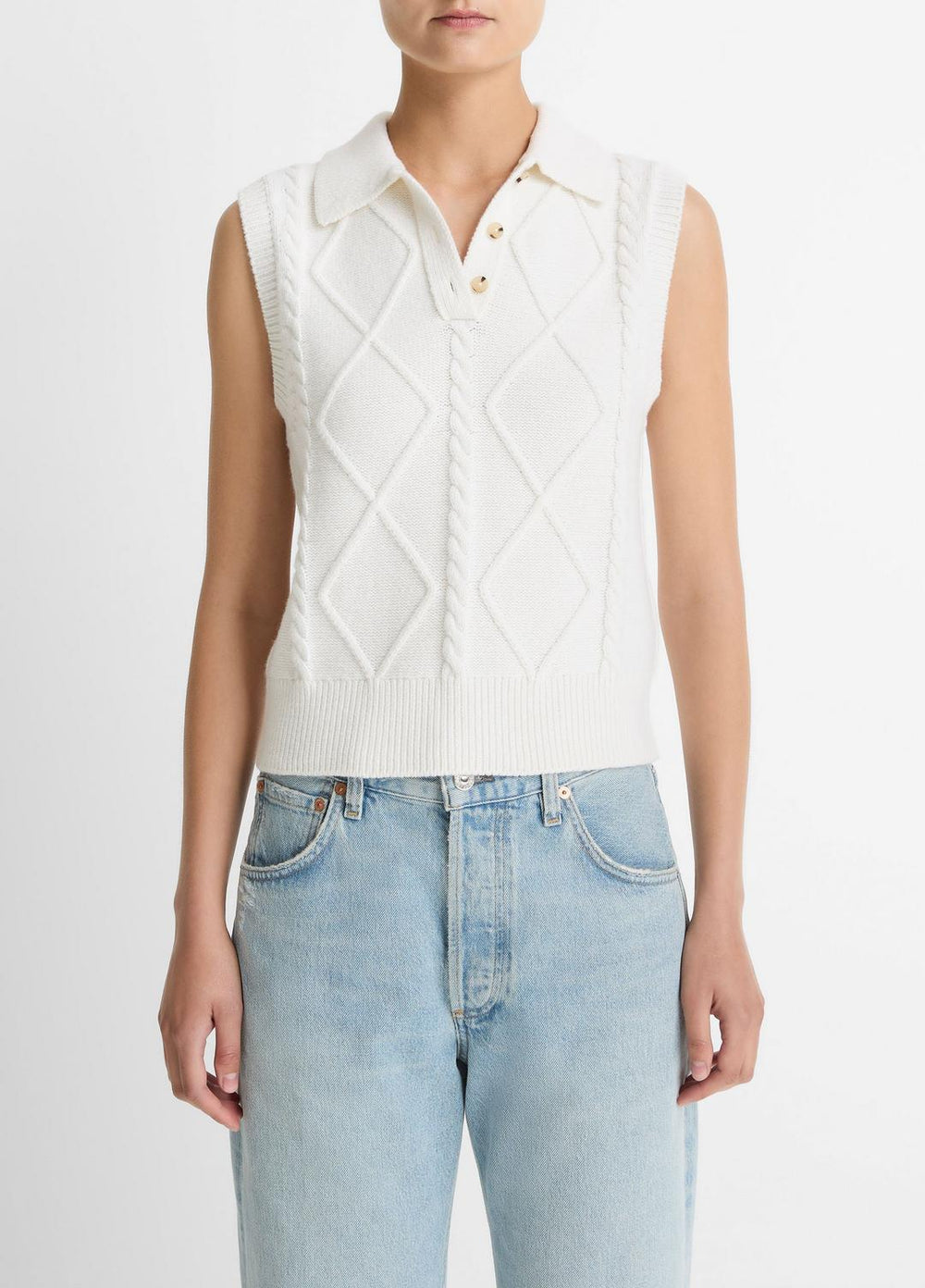 Cable-Knit Wool & Cotton-Blend Sweater Vest in V-Neck - OFF WHITE | VINCE Women