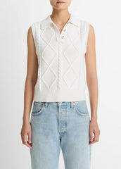 Cable-Knit Wool & Cotton-Blend Sweater Vest in V-Neck - OFF WHITE | VINCE Women