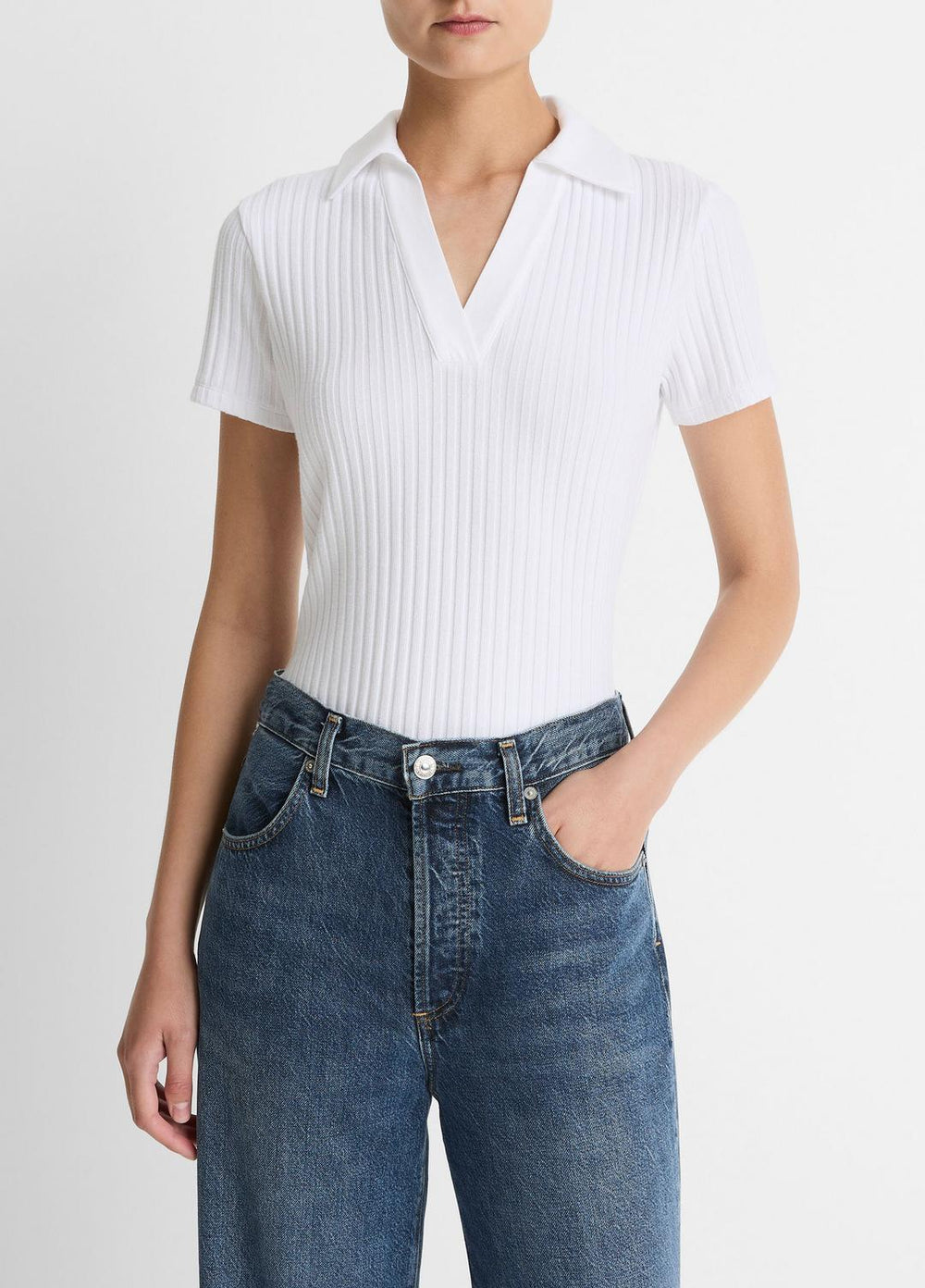 Ribbed Cotton-Blend Polo Shirt in Short Sleeve - OPTIC WHITE | VINCE Women