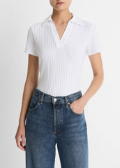 Ribbed Cotton-Blend Polo Shirt in Short Sleeve - OPTIC WHITE | VINCE Women