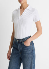 Ribbed Cotton-Blend Polo Shirt in Short Sleeve - OPTIC WHITE | VINCE Women