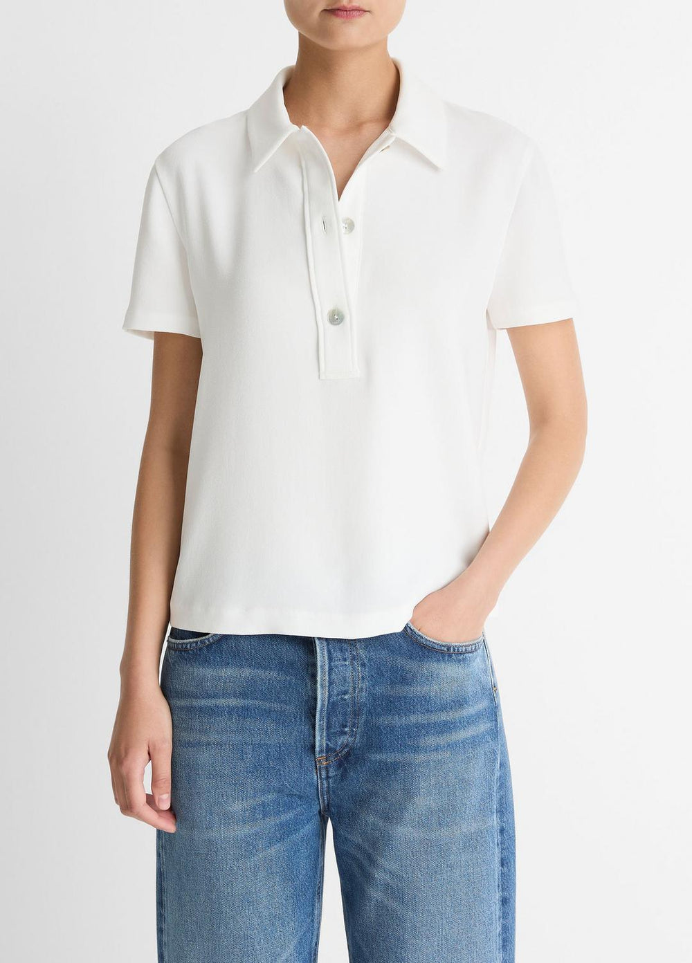 Crepe Polo Shirt in Short Sleeve - OFF WHITE | VINCE Women