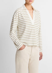 Striped Cotton Long-Sleeve Polo Shirt in Long Sleeve - OLIVE STONE COMBO | VINCE Women