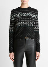 Fair Isle Plush Cashmere Sweater in Crew Neck - BLACK/WHITE COMBO | VINCE Women