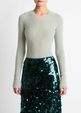 Metallic Ribbed High V-Neck Sweater in V-Neck - LIGHT ALOE STONE METALLIC | VINCE Women
