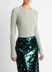 Metallic Ribbed High V-Neck Sweater in V-Neck - LIGHT ALOE STONE METALLIC | VINCE Women