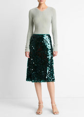 Metallic Ribbed High V-Neck Sweater in V-Neck - LIGHT ALOE STONE METALLIC | VINCE Women