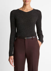 Metallic Ribbed High V-Neck Sweater in V-Neck - BLACK METALLIC | VINCE Women