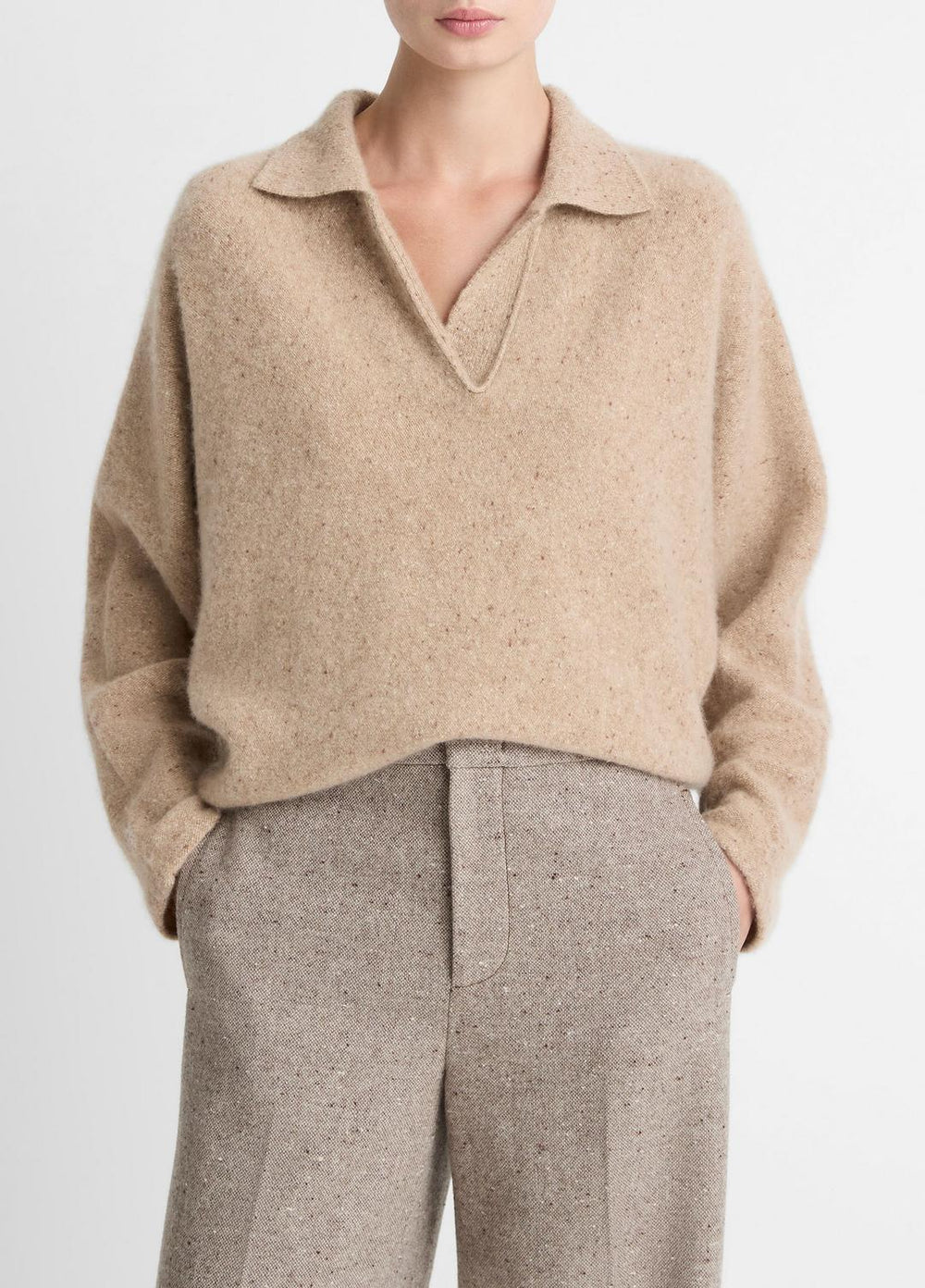 Donegal Plush Cashmere Dolman-Sleeve Polo Sweater in Cashmere - HEATHER OAT DONEGAL | VINCE Women