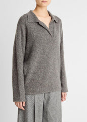 Donegal Plush Cashmere Dolman-Sleeve Polo Sweater in Cashmere - MEDIUM HEATHER GREY DONEGAL | VINCE Women