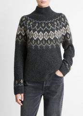 Fair Isle Donegal Cashmere Turtleneck Sweater in Turtleneck - HEATHER CHARCOAL COMBO | VINCE Women