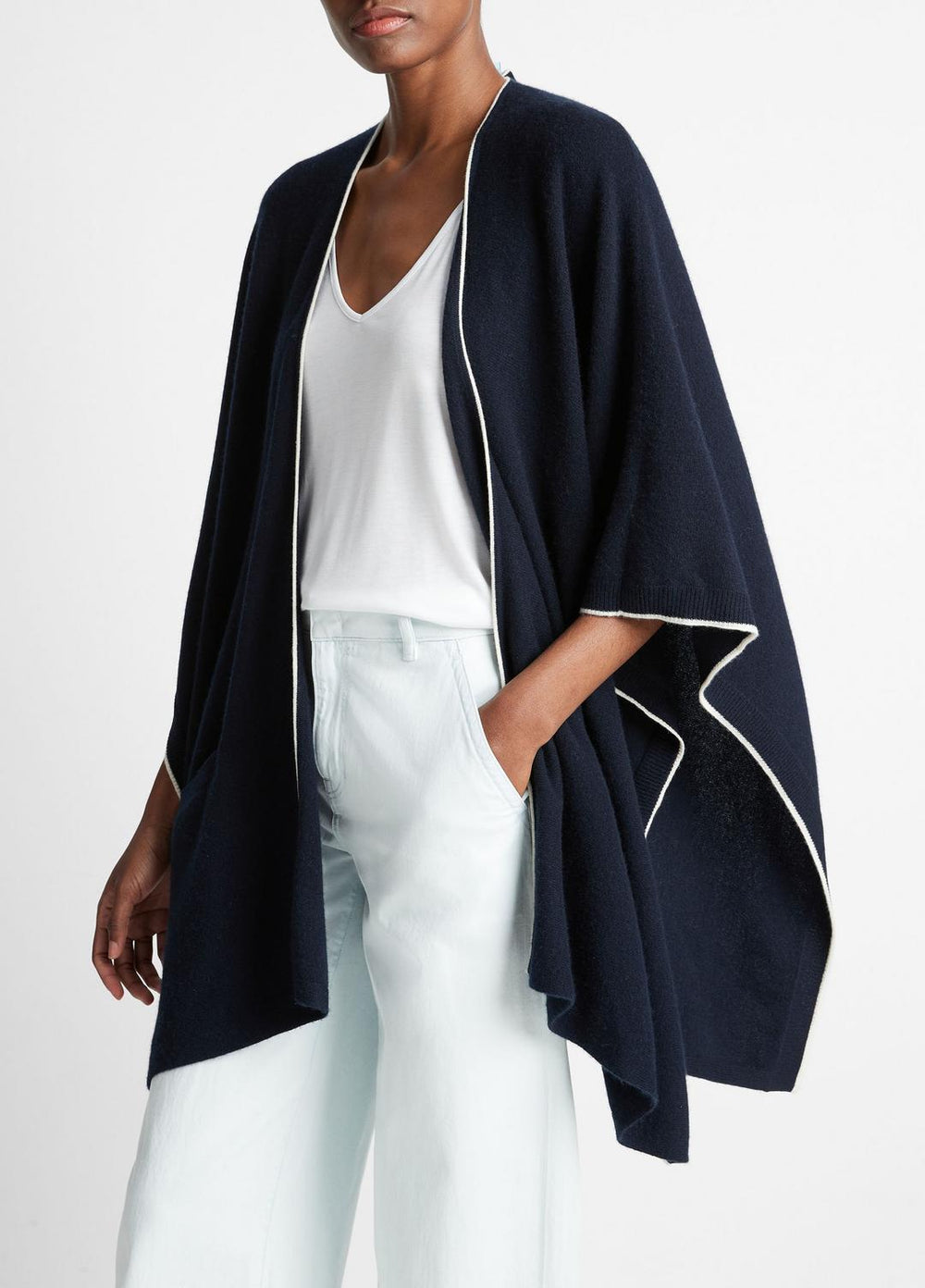 Tipped Jersey-Knit Cashmere Cape in Sweaters - COASTAL BLUE/WHITE | VINCE Women