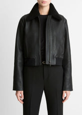 Shearling-Trim Shrunken Leather Jacket in Leather Jackets - BLACK | VINCE Women