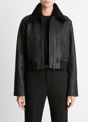 Shearling-Trim Shrunken Leather Jacket in Leather Jackets - BLACK | VINCE Women