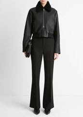 Shearling-Trim Shrunken Leather Jacket in Leather Jackets - BLACK | VINCE Women