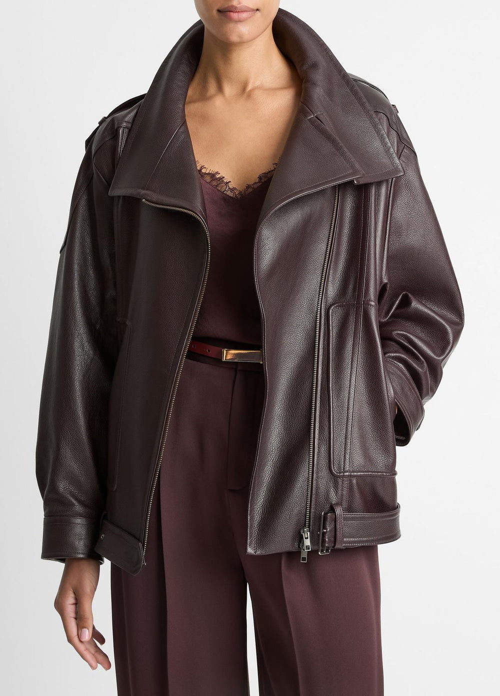 Leather Oversized Biker Jacket in Jackets - DARK FIG | VINCE Women
