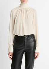 Gathered Draped-Neck Crepe Blouse in Long Sleeve - CREAM | VINCE Women