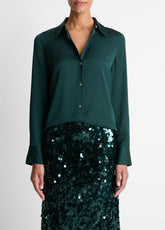 Silk-Blend Slim Button-Front Blouse in Long Sleeve - JUNIPER | VINCE Women