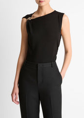 Cinched-Shoulder Wool-Blend Top in Tank Tops - BLACK | VINCE Women