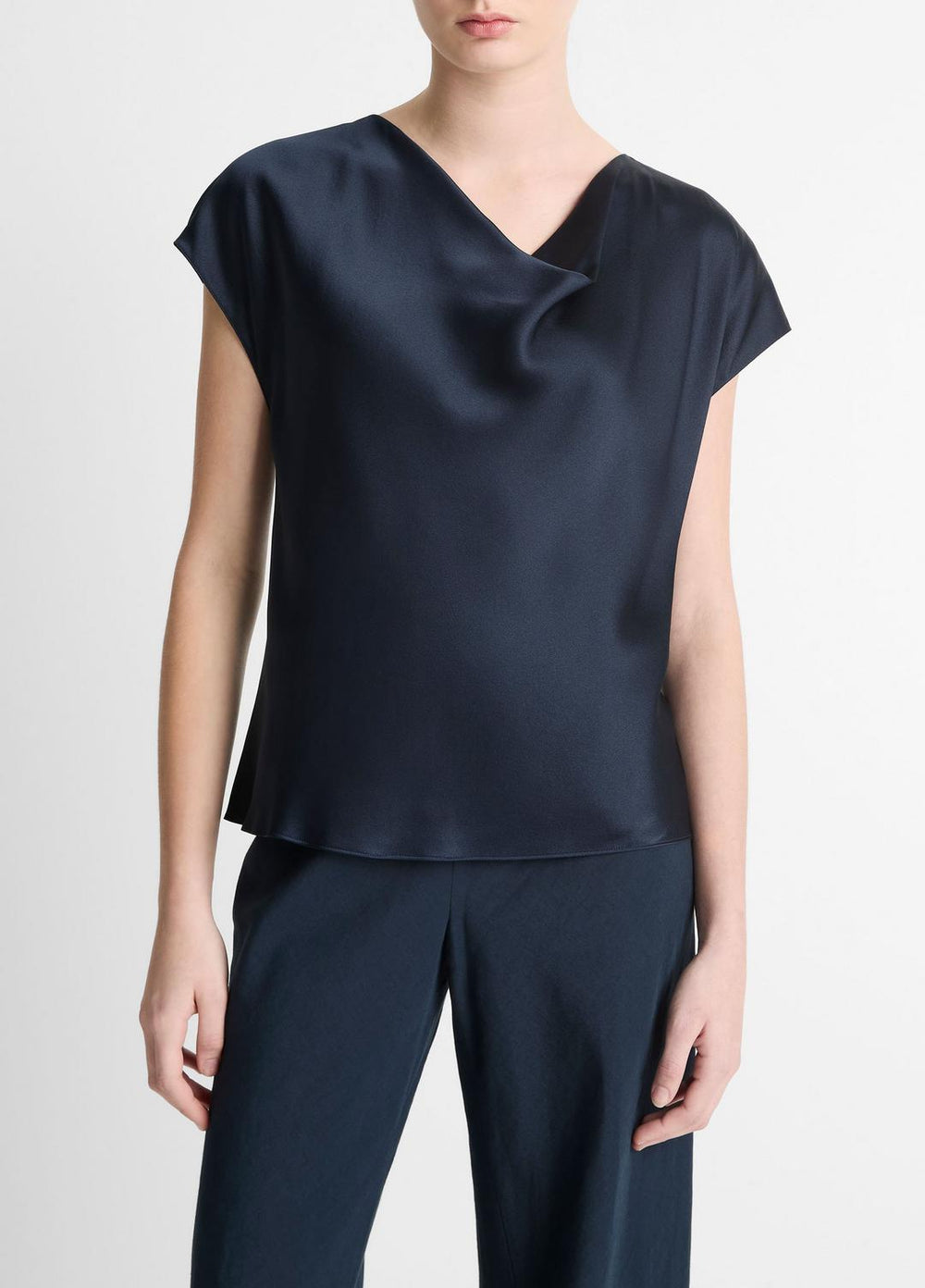 Silk Cowl-Neck Blouse in Short Sleeve - COASTAL BLUE | VINCE Women