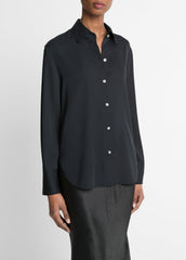 Stretch-Silk Button-Front Blouse in Long Sleeve - BLACK | VINCE Women