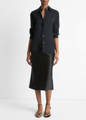 Stretch-Silk Button-Front Blouse in Long Sleeve - BLACK | VINCE Women