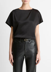 Draped Satin Dolman-Sleeve Blouse in Short Sleeve - BLACK | VINCE Women